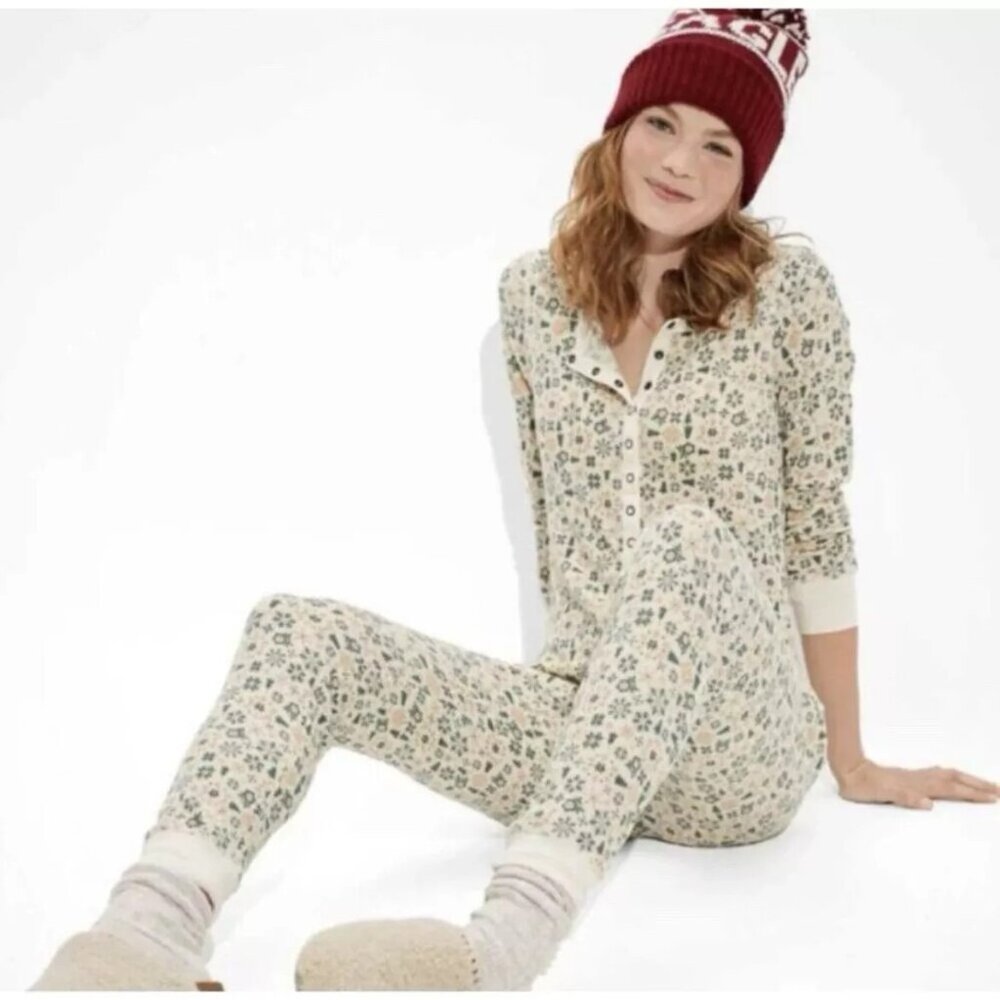 American Eagle Womens Waffle One Piece Pajamas Long-Sleeve Relaxed Fit XS